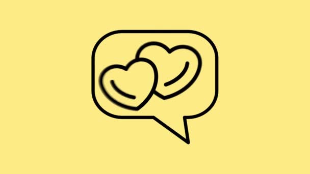 Deux formes d'amour dans les graphiques de mouvement de message. Enveloppe ligne noire avec icône coeur Saint-Valentin isolé sur fond jaune. Message d'amour. Animation graphique de mouvement vidéo 4K. — Video