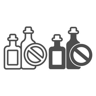 İçki şişeleri ve içki yasağı işaretleri ve katı ikon, dünya kanser günü konsepti, beyaz arka planda alkol bağımlılığı işareti yok, kanser ikonunun ana hatları gibi nedenleri var. Vektör grafikleri.