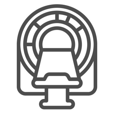 Manyetik rezonans tomografisi için yatak hattı ikonu, dünya kanser günü konsepti, beyaz arka planda MR tarama yatak tabelası, ana hatlarıyla tıbbi teşhis ekipmanı ikonu. Vektör.