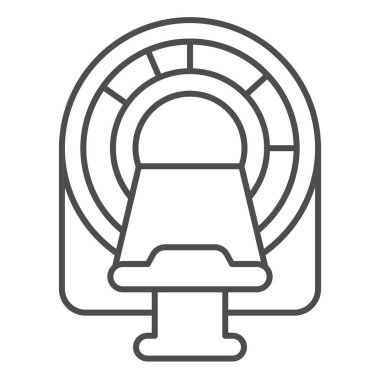 Manyetik rezonans tomografisi için yatak ince çizgi ikonu, dünya kanser günü konsepti, beyaz arka planda MR tarama yatak tabelası, tıbbi teşhis ekipmanı ikonu ana hatlarıyla. Vektör.