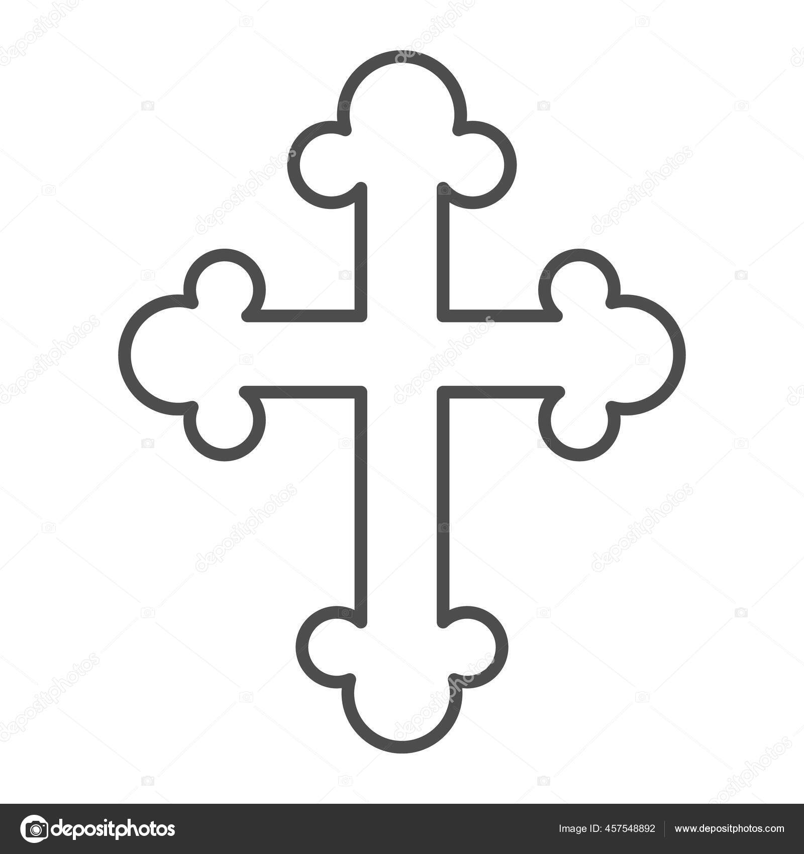 Icono de línea delgada ortodoxa o católica, concepto de Pascua feliz,  símbolo cristiano de crucifijo sobre fondo blanco, icono de cruz religiosa  en estilo de esquema para móviles y web. Gráficos vectoriales., image size:1600x1700