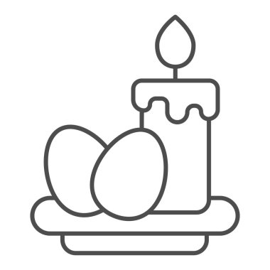 Mum ve yumurta ince çizgi ikonlu tabak, Mutlu Paskalya konsepti, beyaz arka planda yumurta işareti olan geleneksel Paskalya tabağı, paskalya yumurtası ve mum ikonu. Vektör grafikleri.