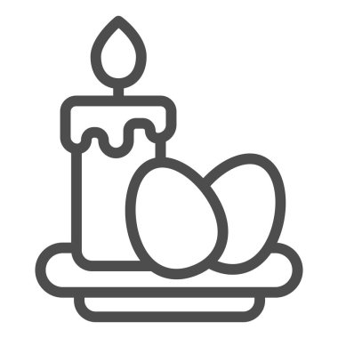 Mum ve yumurta çizgisi ikonlu tabak, Mutlu Paskalya konsepti, beyaz arka planda yumurta tabelası olan geleneksel Paskalya tabağı, paskalya yumurtası ve mum ikonu. Vektör grafikleri.