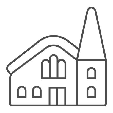 Katolik Kilisesi 'nin ince çizgi ikonu, Mutlu Paskalyalar kavramı, beyaz arka planda kilise binası tabelası, mobil ve web tasarımı için taslak biçimli kule ikonu olan ruhani yapı. Vektör grafikleri.