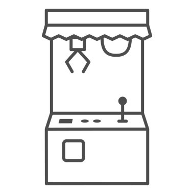 Oyuncak makinesi ince çizgi ikonu, binicilik konsepti, beyaz arka planda vinç işareti, oyuncak ikonlu Crane oyun makinesi mobil konsept ve web tasarımı için tasarım. Vektör grafikleri.