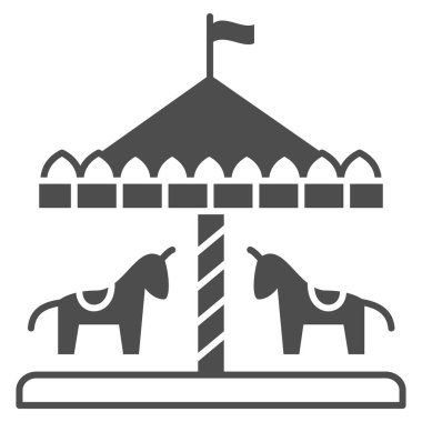 Atlı çocuk atlı karınca katı ikon, biniş konsepti, beyaz arka planda klasik atlıkarınca işareti, dönen at ikonu olan eğlence parkı atlıkarınca, glifli simge..