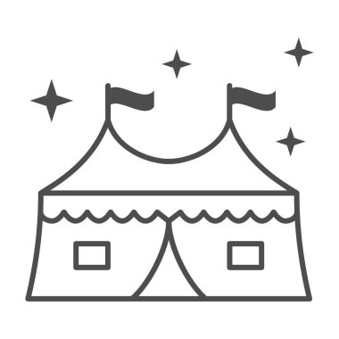 Cazibeli çadır ince çizgi ikonu, binicilik konsepti, beyaz arka planda sirk çadırı tabelası, gezici konsept ve web tasarımı için ana hatlı karnaval çadırı ikonu. Vektör grafikleri.