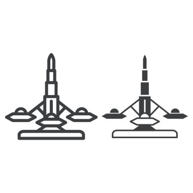 Hava kulesi çekim hattı ve sağlam ikon, biniş konsepti, beyaz arka planda karnaval işareti, mobil ve web tasarımı için ana hatları uçak ikonu olan atlıkarınca. Vektör grafikleri.