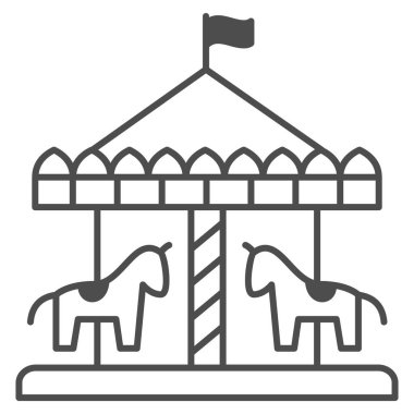 Atların ince çizgi ikonlu çocuk atlıkarıncaları, biniş konsepti, beyaz arka planda klasik atlıkarınca tabelası, etrafında dönen at ikonu olan eğlence parkı atlıkarıncaları..