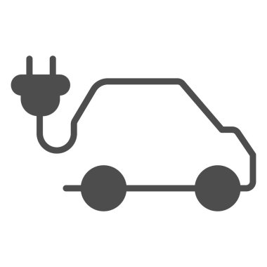 Elektrikli araç katı ikon, elektrikli araba konsepti, beyaz arka planda EV logosu işareti, elektrikli araba ve elektrik prizi simgesi şeklinde. Vektör grafikleri.