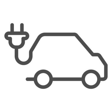 Elektrikli taşıt hattı simgesi, elektrikli araba konsepti, beyaz arka planda EV logo tabelası, Electric Car ve Power Plug simgesi ana hatlı simgesi şeklinde. Vektör grafikleri.