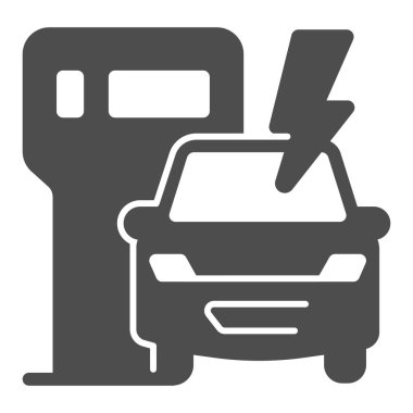 EV şarj istasyonu ve araç katı ikonu, elektrikli araba konsepti, beyaz arka planda elektrikli araç şarj istasyonu tabelası, hibrid araç simgesi için şarj noktası. Vektör grafikleri.