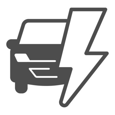 Araba ve elektrik yıldırımı katı ikonu, elektrikli araba konsepti, beyaz arka planda hibrit araç logosu, mobil ve web tasarımı için glifli araba ve şimşek ikonu. Vektör grafikleri.