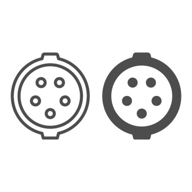 Üç aşamalı şarj soketi hattı ve sağlam ikon, elektrikli araba konsepti, beyaz arka planda elektrik prizi tabelası, mobil için her ikonu şarj eden konnektör. Vektör grafikleri.