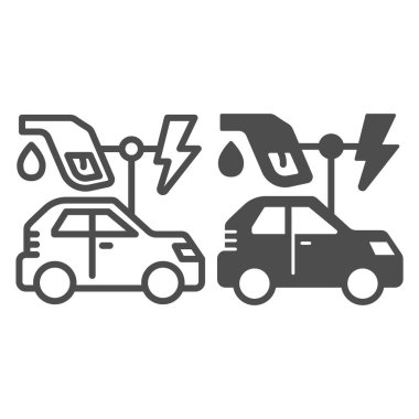 Elektrikli araç ve benzin doldurma tabancası yıldırım çizgisi ve katı ikon, elektrikli araba konsepti, beyaz arka planda EV otomobil istasyonu tabelası, benzin başlığı ve ana hatlı araba ikonu. Vektör.