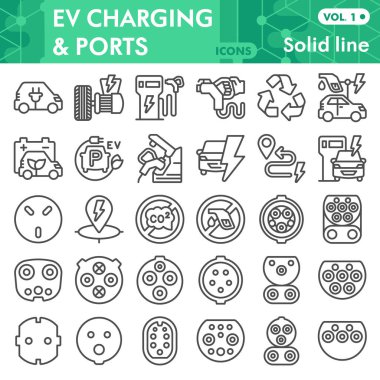 Elektrikli araba çizgisi simgesi seti, elektrikli araç sembolleri koleksiyonu veya taslakları. Web ve uygulama için doğrusal eko taşıma biçimi işaretleri. Beyaz arkaplanda izole edilmiş vektör grafikleri.