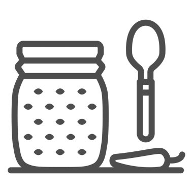 Acı biber reçeli espelette çizgisi ikonu, Fransız gıda konsepti, beyaz arka planda acı biber reçeli vektör işareti, mobil konsept ve web tasarımı için kaşık hatlı kavanoz. Vektör grafikleri.