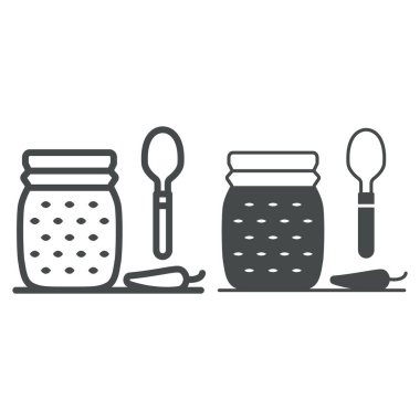 Acı biber reçeli espelette hattı ve katı ikon, Fransız gıda konsepti, beyaz arka planda acı biber reçeli vektör işareti, mobil konsept ve web tasarımı için kaşık hatlı kavanoz. Vektör grafikleri.