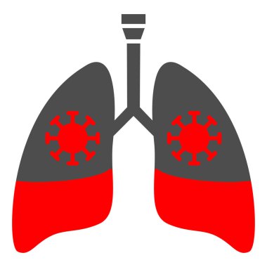 Ciğerlerinde koronavirüs olan zatürree. Katı ikon, insan hastalıkları konsepti. Beyaz arka planda hasta akciğerler imzası. Vektör grafikleri.