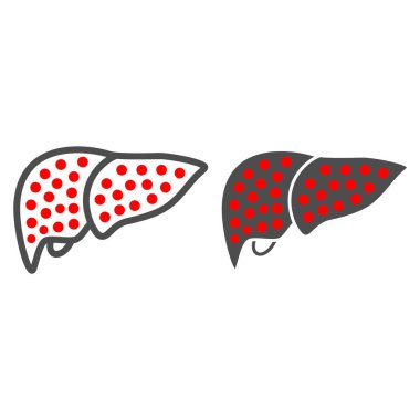Karaciğer çizgisi sirozu ve katı ikon, insan hastalıkları konsepti, beyaz arka planda karaciğer hastalığı işareti, mobil ve web tasarımı için ana hatlı siroz hastalığı ikonu. Vektör grafikleri.