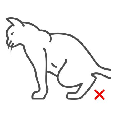 Sistit in cat thin line simgesi, evcil hayvan konsepti hastalıkları, beyaz arka planda kedi urolithiasisi işareti, mobil ve web için taslak stilde idrar kesesi ikonu iltihabı. Vektör grafikleri.