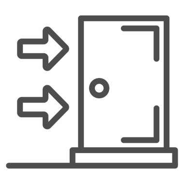 Acil çıkış çizgisi simgesi, güvenlik mühendisliği konsepti, beyaz arka planda çıkış tabelası, seyir okları ve mobil konsept ve web tasarımı için ana hatlı kapı simgesi. Vektör grafikleri.