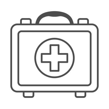 İlk yardım kiti ince çizgi ikonu, güvenlik mühendisliği konsepti, beyaz arka planda tıbbi durum işareti, mobil konsept ve web tasarımı için ilk yardım kutusu ikonu. Vektör grafikleri.