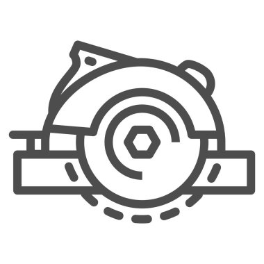 Koruyucu kapak simgesi, güvenlik mühendisliği konsepti, beyaz arka planda kereste fabrikası tabelası olan dairesel testere Miter mobil ve web tasarımı için taslak şeklinde bir simge gördü. Vektör grafikleri.