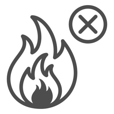 Yangın hattı ikonu yok, güvenlik mühendisliği kavramı yok, beyaz arka planda ateş sembolü yasağı işareti yok, mobil konsept ve web tasarımı için ana hatlı ateş sembolü. Vektör grafikleri.