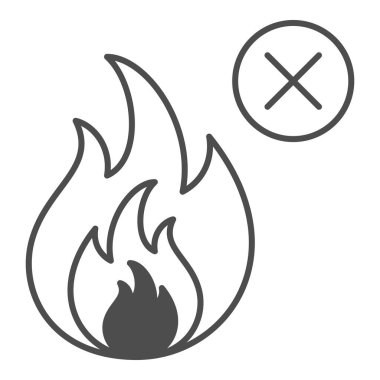 Ateş ince çizgi ikonu, güvenlik mühendisliği konsepti, beyaz arka planda Yasaklama Açık Alev sembolü, mobil konsept ve web tasarımı için ana hatlarda Ateş sembolü yok. Vektör grafikleri.