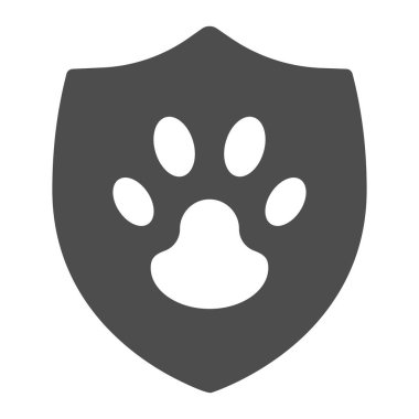 Hayvan koruma amblemi katı ikon, hayvan hastanesi konsepti, beyaz arka planda Hayvan Bakımı logosu işareti, mobil ve web tasarımı için sembol şeklinde kalkan ikonu üzerinde hayvan pençesi. Vektör grafikleri.