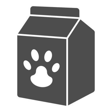 Evcil hayvan besin kutusu katı ikonu, hayvan hastanesi konsepti, beyaz arka planda evcil hayvan besin tabelası, mobil konsept ve web tasarımı için glifli yemek torbası. Vektör grafikleri.