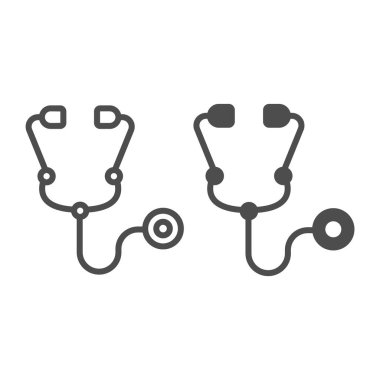 Doktor steteskop hattı ve katı ikon, hayvan hastanesi konsepti, beyaz arka planda tabela, steteskop simgesi mobil konsept ve web tasarımı için ana hatlı. Vektör grafikleri.