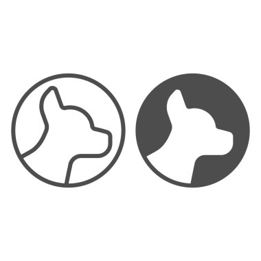 Köpek kafası daire çizgisi ve sağlam ikon, hayvan hastanesi konsepti, beyaz arka planda evcil hayvan tabelası, mobil konsept ve web tasarımı için ana hatlı köpek kafası silueti ikonu. Vektör grafikleri.