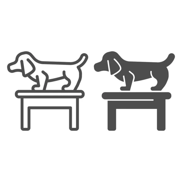 Kutya az asztalon és szilárd ikon, állatkórház koncepció, tacskó áll az asztalon az állat-egészségügyi hivatal jel fehér alapon, kisállat karakter asztali ikon vázlatos stílusban. Vektorgrafika. — Stock Vector