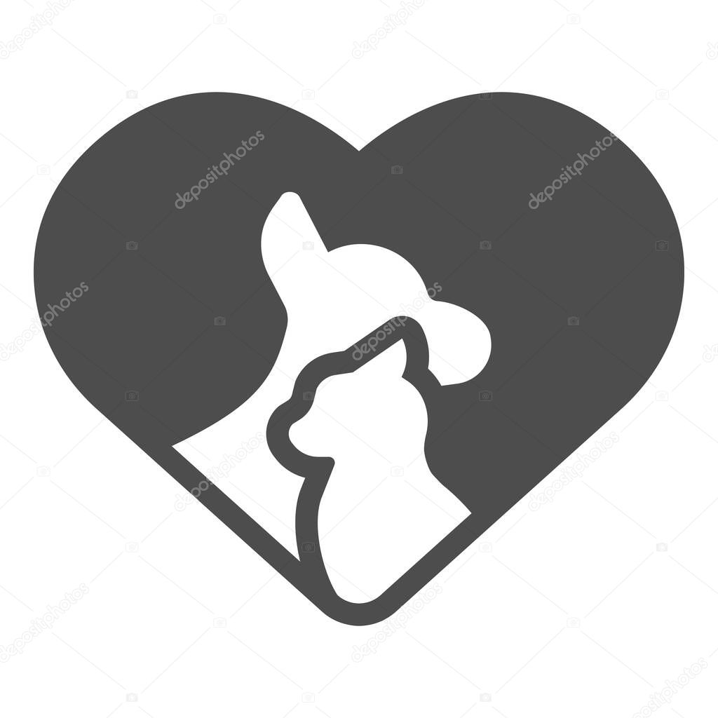 Cat and a dog in shape of heart solid icon, animal hospital concept, pet care logo sign on white background, cat and dog friendship icon in glyph style for mobile and web. Vector graphics