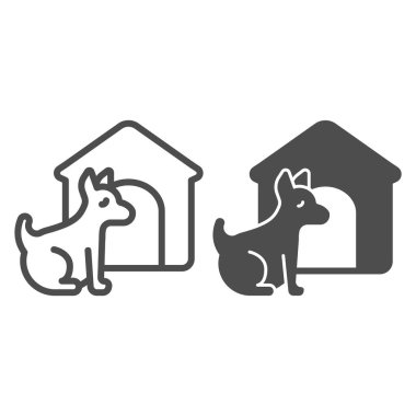 Yavru köpek ve köpek kulübesi hattı ve sağlam ikon, hayvan hastanesi konsepti, beyaz arka planda evcil köpek evi tabelası, mobil konsept ve web tasarımı için tasarım tarzında köpek ev ikonu olan köpek. Vektör grafikleri.
