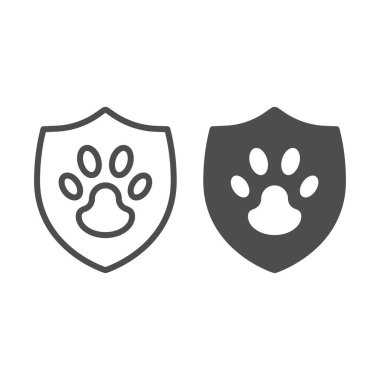 Hayvan koruma amblemi ve sağlam ikon, hayvan hastanesi konsepti, beyaz arka planda Hayvan Bakımı logosu işareti, mobil ve web tasarımı için tasarım tarzında kalkan ikonu üzerindeki hayvan pençesi. Vektör grafikleri.