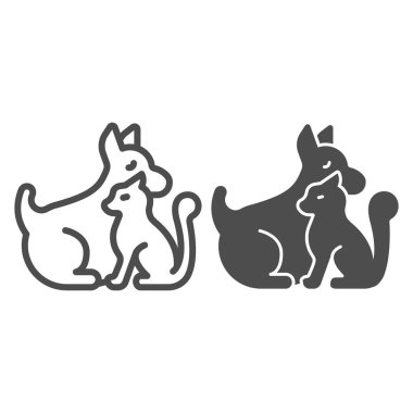 Köpek yavrusu ve kedi çizgisi ve katı ikon, hayvan hastanesi konsepti, beyaz arka planda hayvan evcil hayvan tabelası, gezici konsept ve web tasarımı için ana hatlı kedi ve köpek ikonu silueti. Vektör grafikleri.