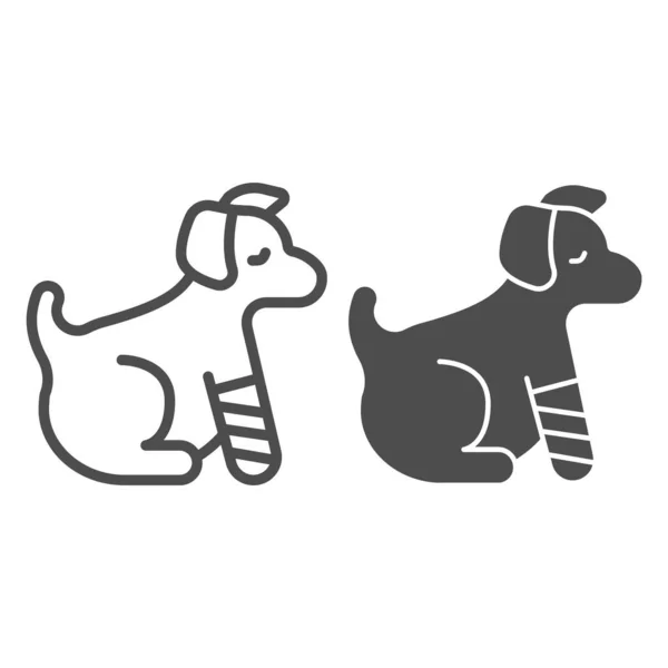 Puppy met verbonden poot en stevig icoon, dierenziekenhuis concept, Hond met een gewond been teken op witte achtergrond, Pet met gewonde poot in verband pictogram in omtrek stijl. vectorgrafieken. — Stockvector