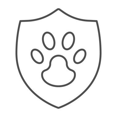 Evcil hayvan koruma amblemi ince çizgi simgesi, hayvan hastanesi konsepti, beyaz arka planda Hayvan Bakımı logosu işareti, mobil ve web tasarımı için tasarım tarzında kalkan ikonu üzerindeki hayvan pençesi. Vektör grafikleri.