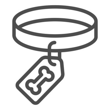 Dog Collar ve Bone Tag çizgi ikonu, hayvan hastanesi konsepti, beyaz arka planda kemik işareti olan kolye, tasma tasması ve mobil tasarım için tasma şeklinde köpek tasması ikonu. Vektör grafikleri.