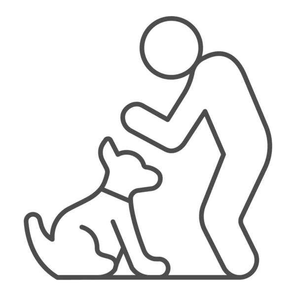 Ícone de linha fina de homem e cão, conceito de hospital animal, sinal de treinamento de cão no fundo branco, pessoa com ícone de animal de estimação no estilo de esboço para o conceito móvel e web design. Gráficos vetoriais. — Vetor de Stock