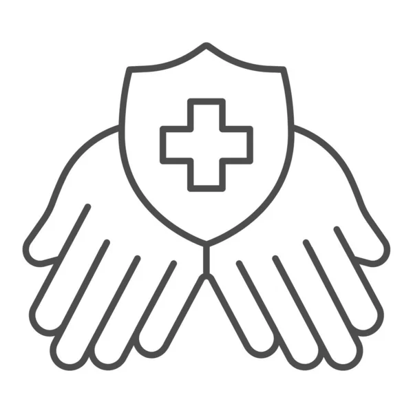 Руки с логотипом клиники тонкой линии иконки, концепция животного госпиталя, медицинский знак аптеки на белом фоне, руки держат щит с крестом иконку в наброске стиль для мобильных, веб. Векторная графика. — стоковый вектор