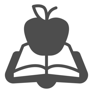 Açık kitap yeşil elma katı ikonu, çocuklar için kitap günü konsepti, beyaz zemin üzerinde yeşil elma vektör işareti, mobil konsept ve web tasarımı için kitap ve elma kabartma tarzı. Vektör grafikleri.