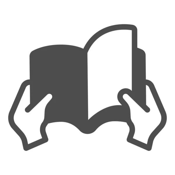 Livre avec page en main icône solide, concept de jour de livre pour enfants, page en signe vectoriel main sur fond blanc, maintenez le style de glyphe de livre pour concept mobile et conception web. Graphiques vectoriels. — Image vectorielle