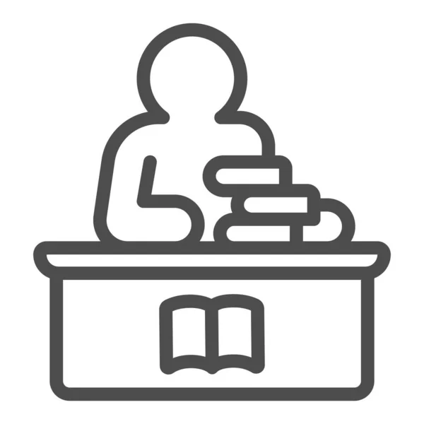 Bibliotecario con pila de iconos de línea de libros, concepto de día de libro para niños, hombre en mesa signo vectorial sobre fondo blanco, estilo de esquema bibliotecario para el concepto móvil y diseño web. Gráficos vectoriales. — Archivo Imágenes Vectoriales