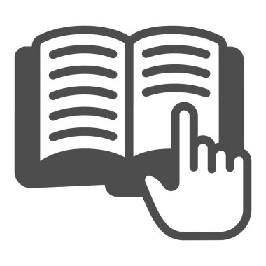 Sağlam bir kitap ikonu, çocuk kitabı konsepti, beyaz arka planda açık kitap vektör tabelası, mobil konsept ve web tasarımı için işaret parmağı kabartması. Vektör grafikleri.