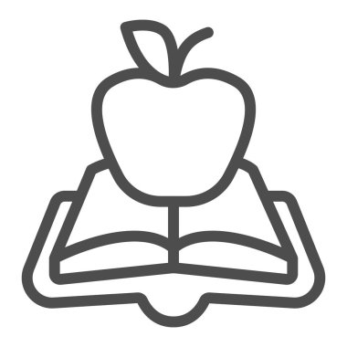 Açık kitap yeşil elma çizgisi ikonu, çocuklar için kitap günü konsepti, beyaz arka planda yeşil elma vektörü işareti, mobil konsept ve web tasarımı için kitap ve elma tasarımı tarzı. Vektör grafikleri.