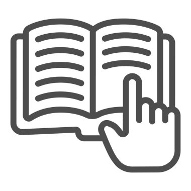 Kitap satırı ikonunda işaret parmağı, çocuk kitabı konsepti, beyaz arka planda açık kitap vektör tabelası, mobil konsept ve web tasarımı için işaret parmağı tasarımı tarzı. Vektör grafikleri.